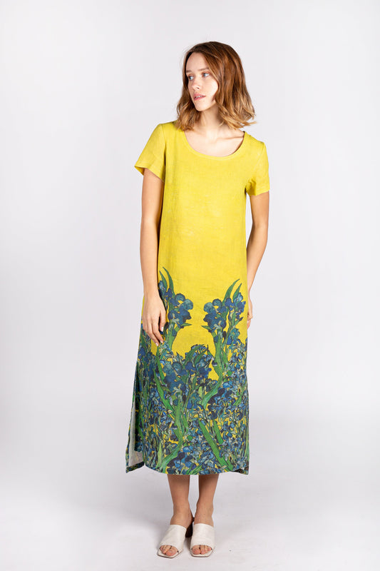 Linen dress, Van Gogh, Irises, mustard dress, linen midi dress, linen summer dress, linen clothing