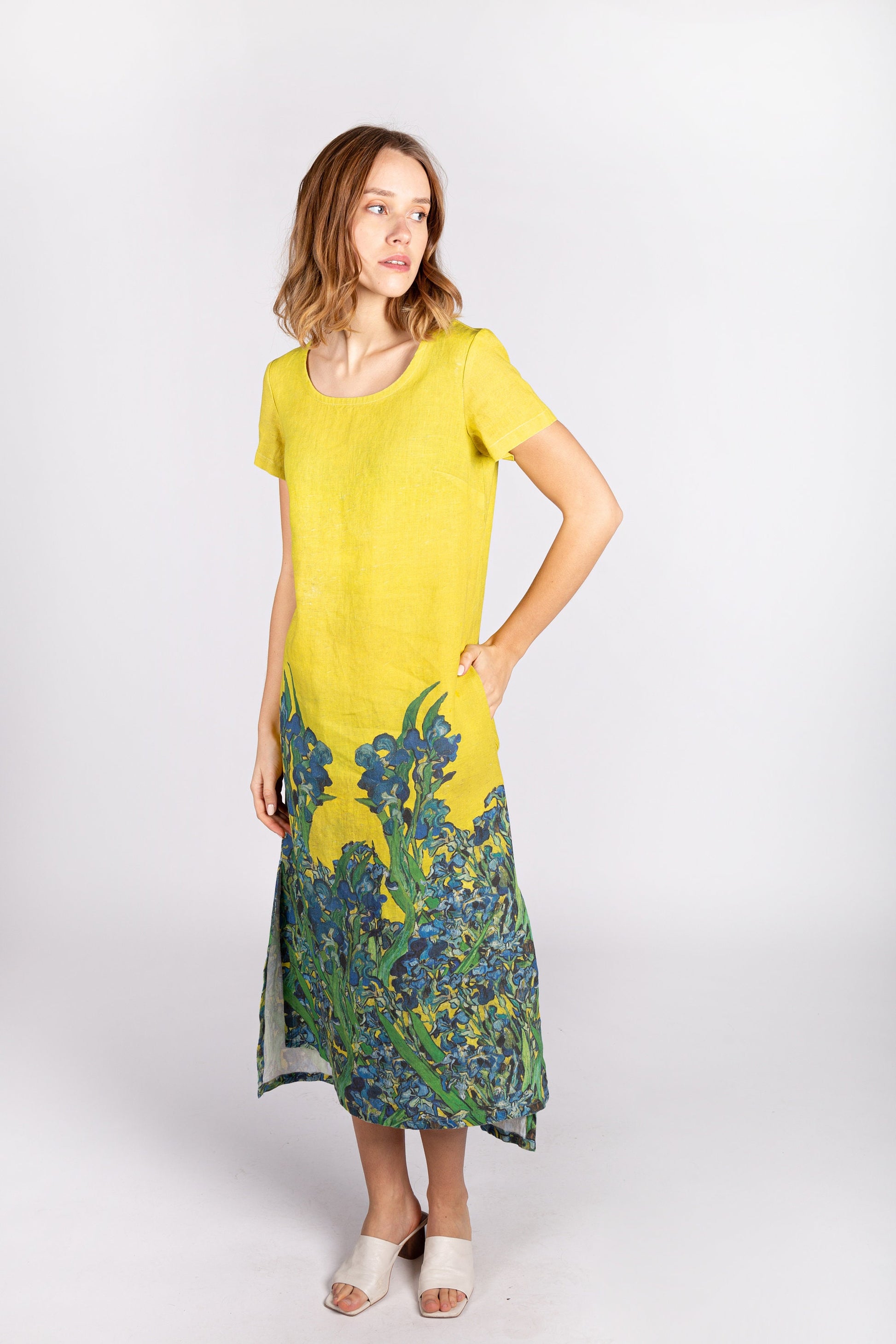 Linen dress, Van Gogh, Irises, mustard dress, linen midi dress, linen summer dress, linen clothing