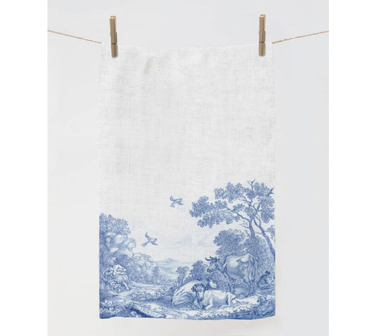 Linen towel, Plaque with Elijah Fed by Ravens, anonymous, 1658, Cows towel, kitchen towel, toile decor, fabric towel