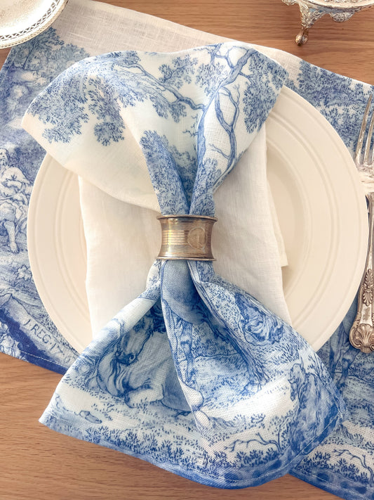 Linen napkins, Plaque with Elijah Fed by Ravens, anonymous, 1658, fabric napkins, toile napkins, blue white napkins