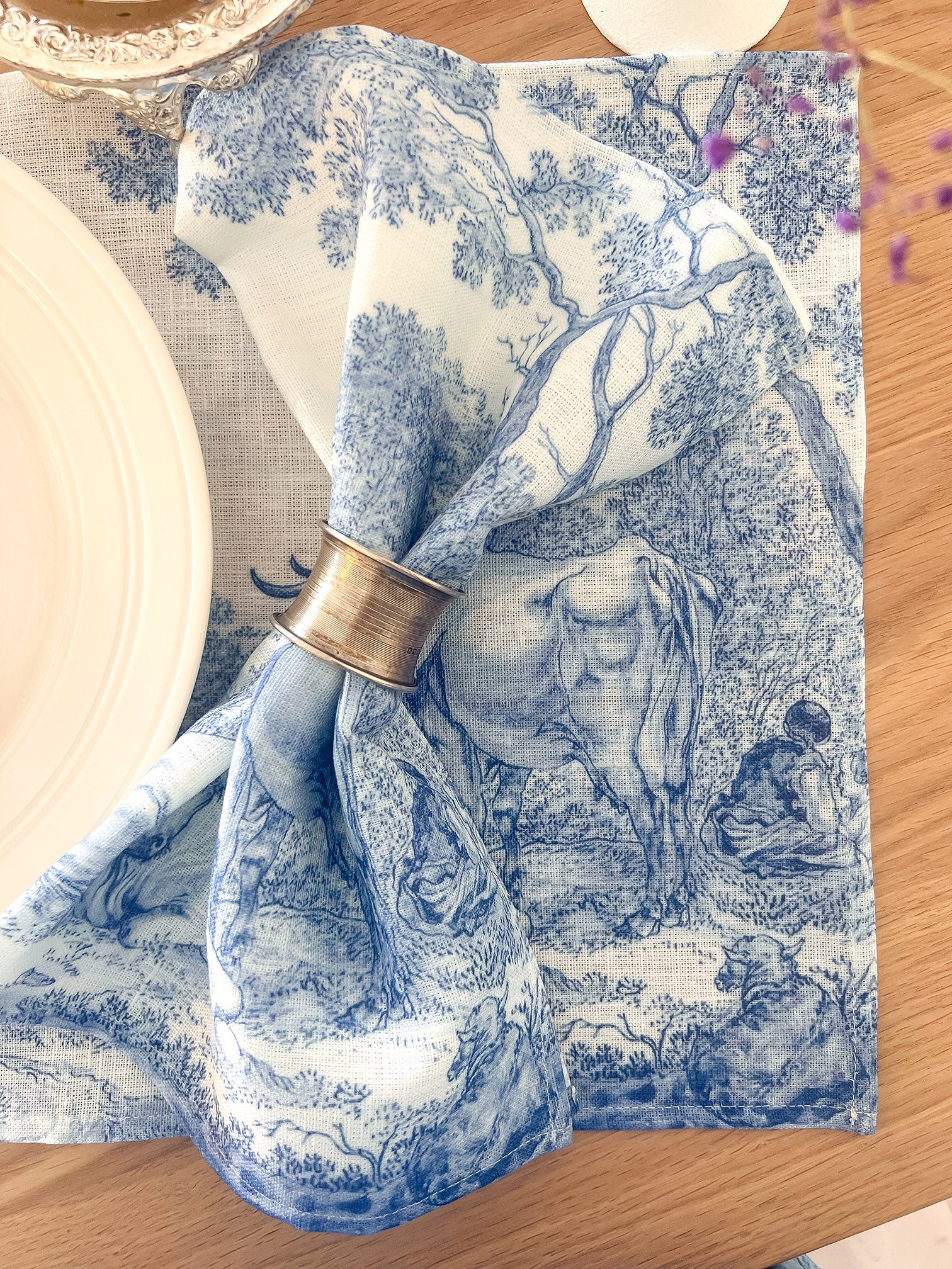 Linen napkins, Plaque with Elijah Fed by Ravens, anonymous, 1658, fabric napkins, toile napkins, blue white napkins