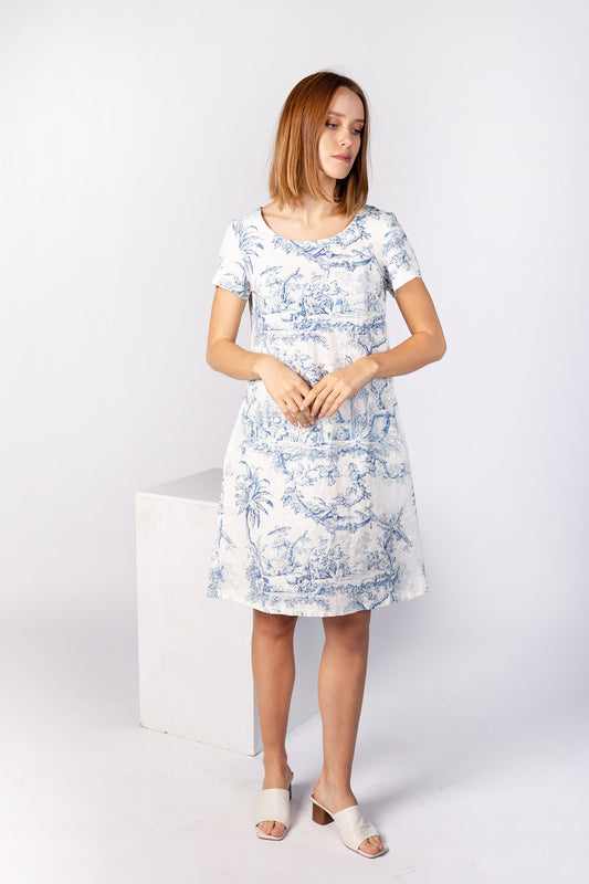 Linen dress, Toile de Jouy, 100% linen, linen women dress, white dress, white linen dress, prom dress