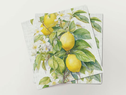 Napkins set, Blossoming Lemon Tree, linen napkins, 100% linen, floral print, vintage napkins