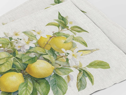 Placemats set, Blossoming Lemon Tree, linen placemats, 100% linen, Floral print, vintage placemats