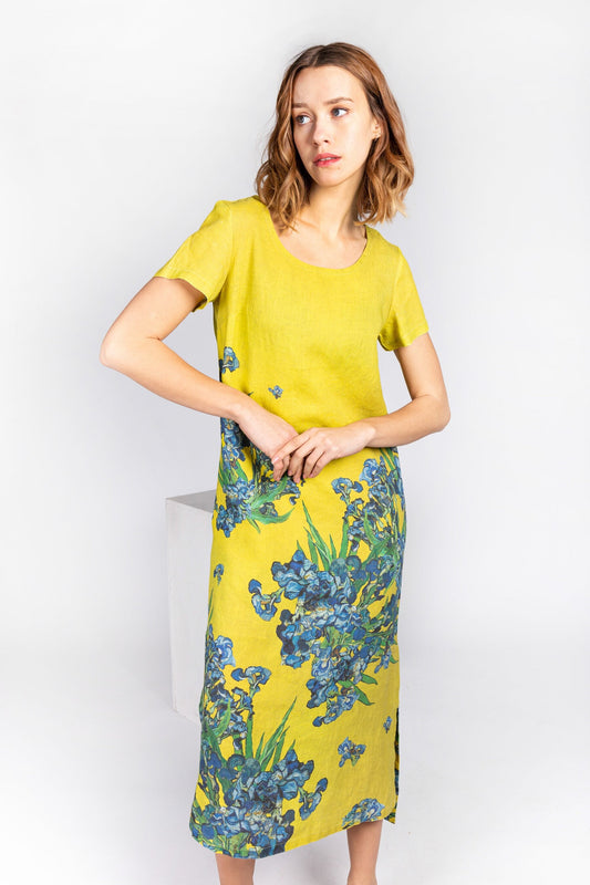 Linen dress, Van Gogh, Irises, mustard dress, linen midi dress, linen summer dress, linen clothing