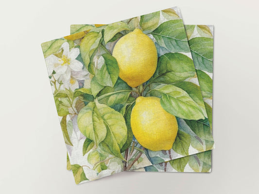 Napkins set, Blossoming Lemon Tree, linen napkins, 100% linen, floral print, vintage napkins