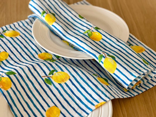 Napkins set, Fresh Summrt, linen napkins, 100% linen, lemon print, wedding napkins, Eclectic napkins, blue stripes napkins