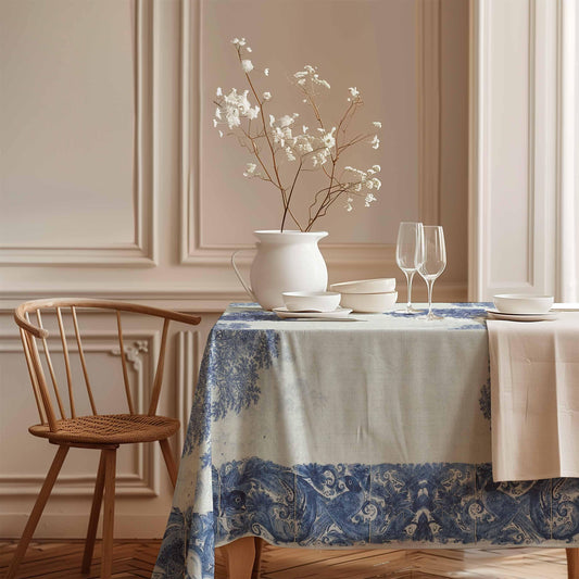 Linen tablecloth, Plaat, beschilderd met een rivierlandschap met kasteel, boerderij en enkele figuren, Frederik van Frytom, 100% linen