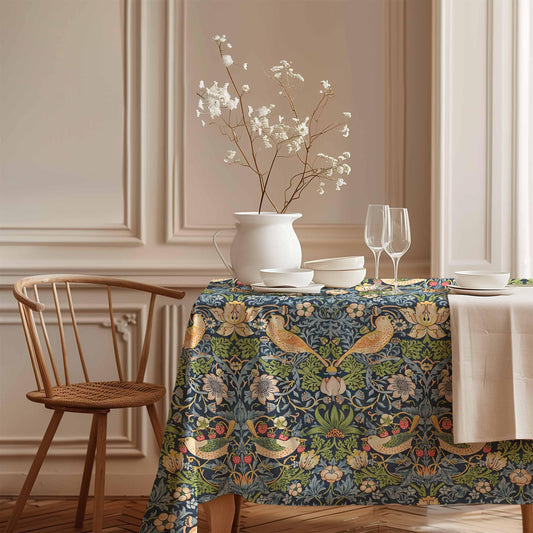 Tablecloth, William Morris, Strawberry Thief, Vintage flower pattern, vintage decor, 100% linen
