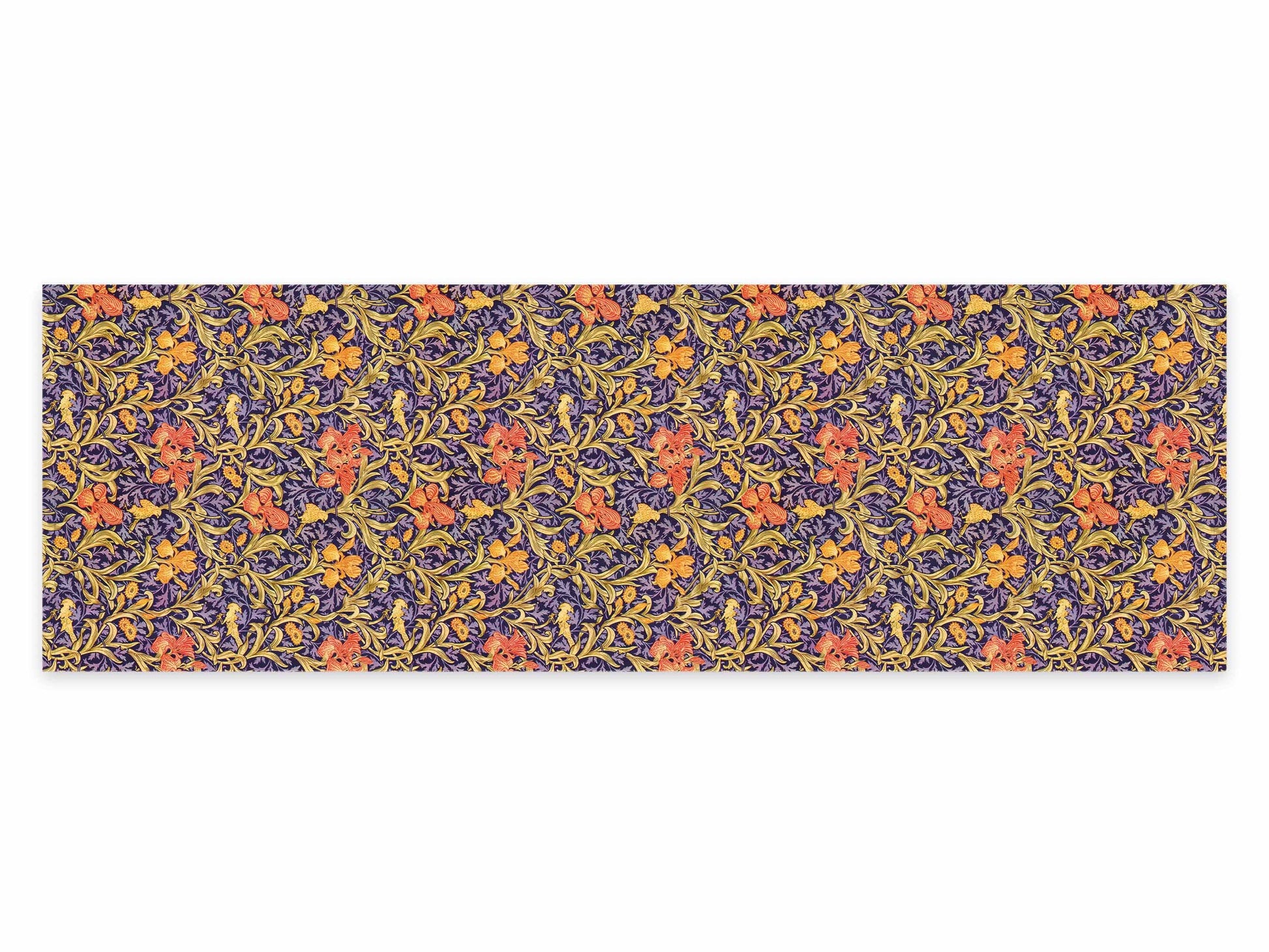 Table runner, William Morris, Yellow Orange Iris Flowers Cross Stitch, 100% linen