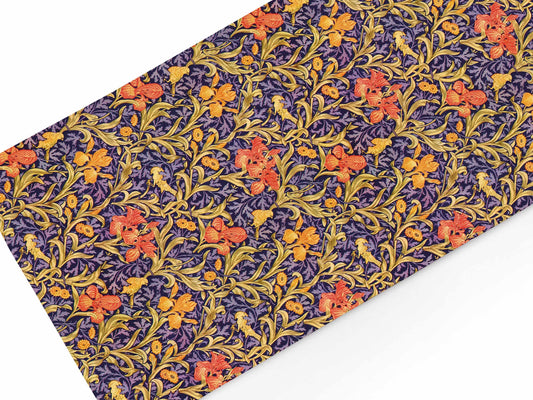 Table runner, William Morris, Yellow Orange Iris Flowers Cross Stitch, 100% linen