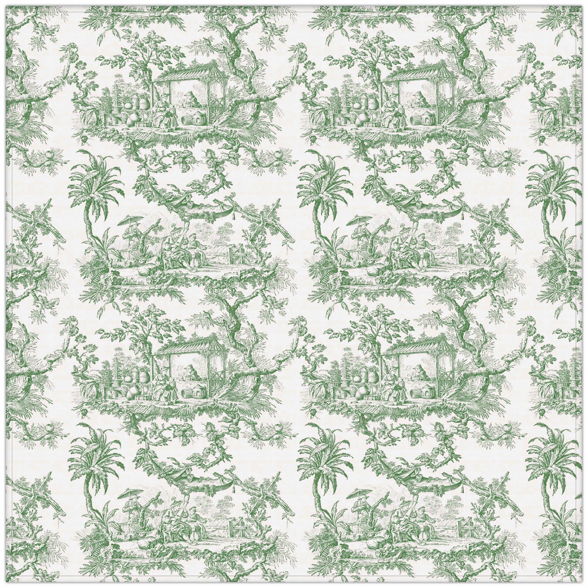 Tablecloth, Toile de Jouy, Matcha color, Vintage pattern, 100% linen