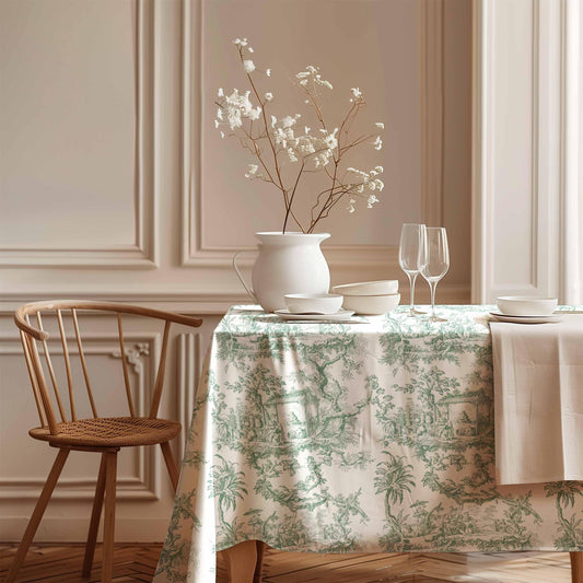 Tablecloth, Toile de Jouy, Matcha color, Vintage pattern, 100% linen