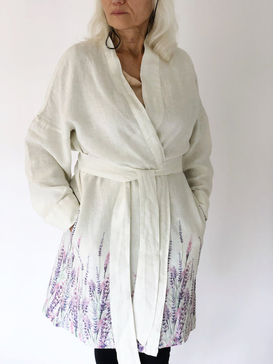Kimono robe, Lavenders, 100% linen, kimono cardigan, bathrobe, bridesmaid gift, Linen robe, linen, Linen bathrobe, hand made in Lithuania