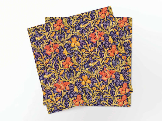 Napkins set, William Morris, Yellow Orange Iris Flowers Cross Stitch, 100% linen
