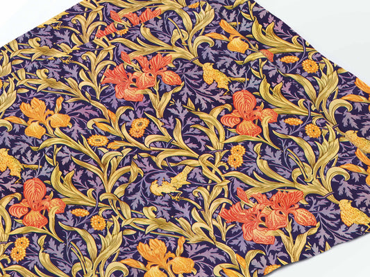 Placemats set, William Morris, Yellow Orange Iris Flowers Cross Stitch, 100% linen