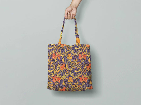 Tote bag, William Morris, Yellow Orange Iris Flowers, linen bag, art print, 100% linen bag