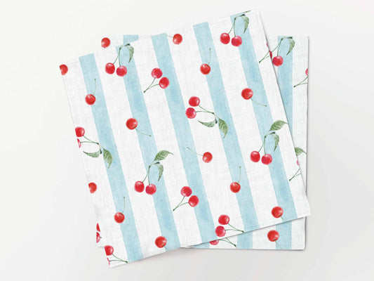 Napkins set, Vintage Cherries & Stripes, 100% linen
