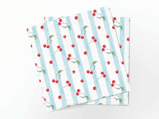 Napkins set, Vintage Cherries & Stripes, 100% linen