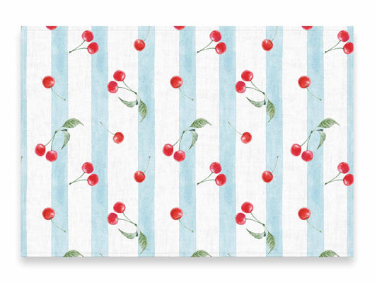 Placemats set, Vintage Cherries & Stripes, 100% linen