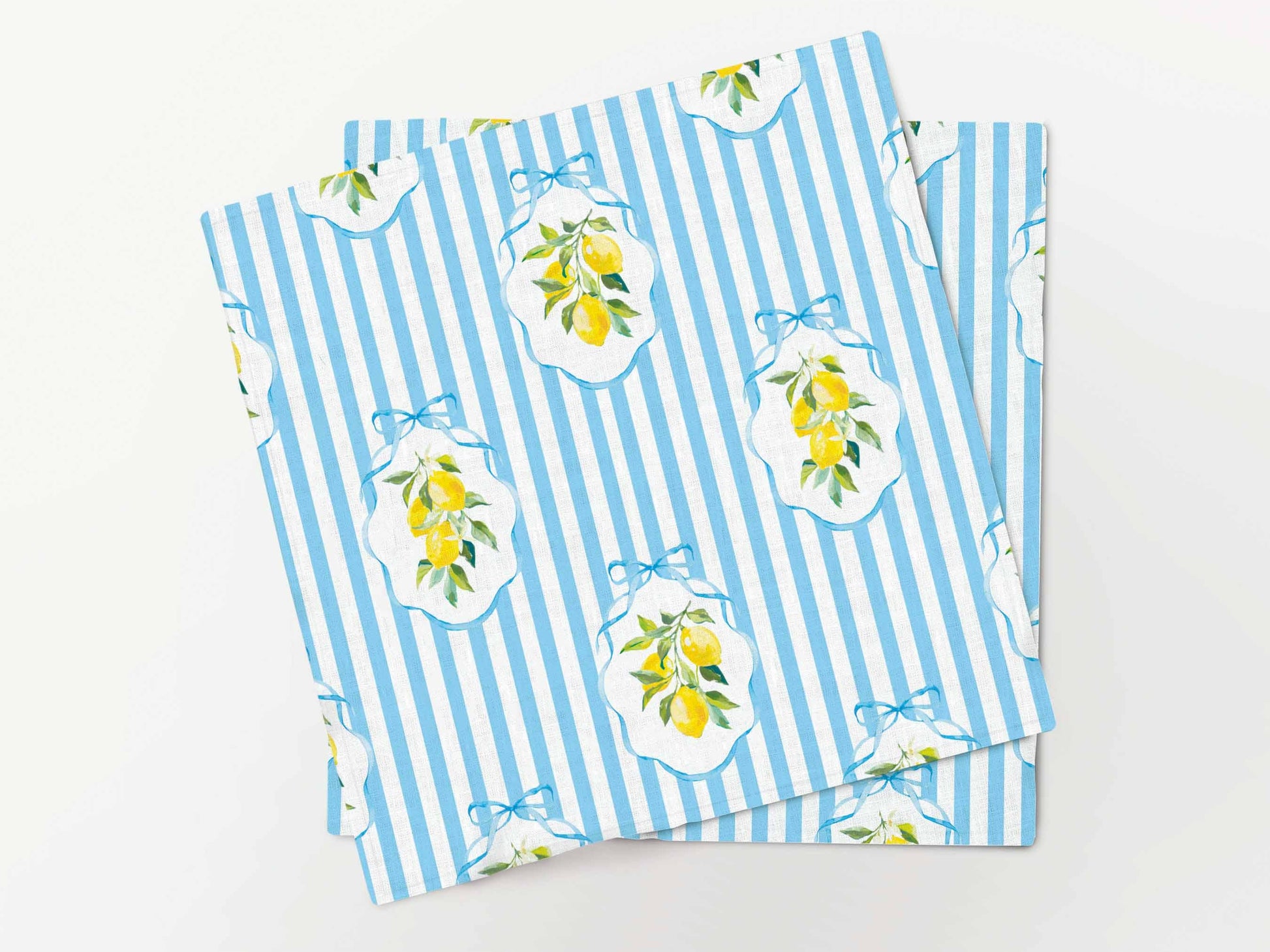Napkins set, Summer Lemons & Blue Stripes, linen napkins, 100% linen