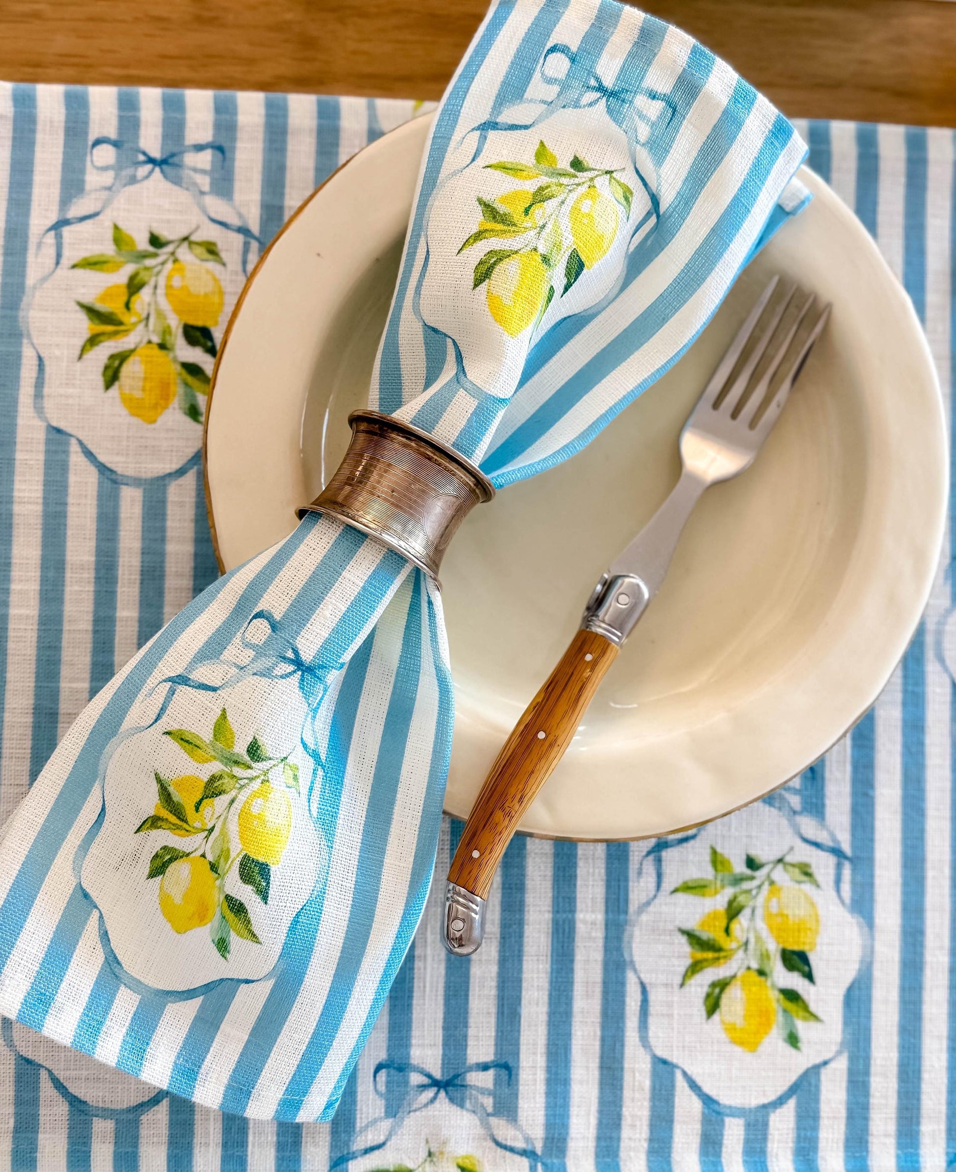 Napkins set, Summer Lemons & Blue Stripes, linen napkins, 100% linen