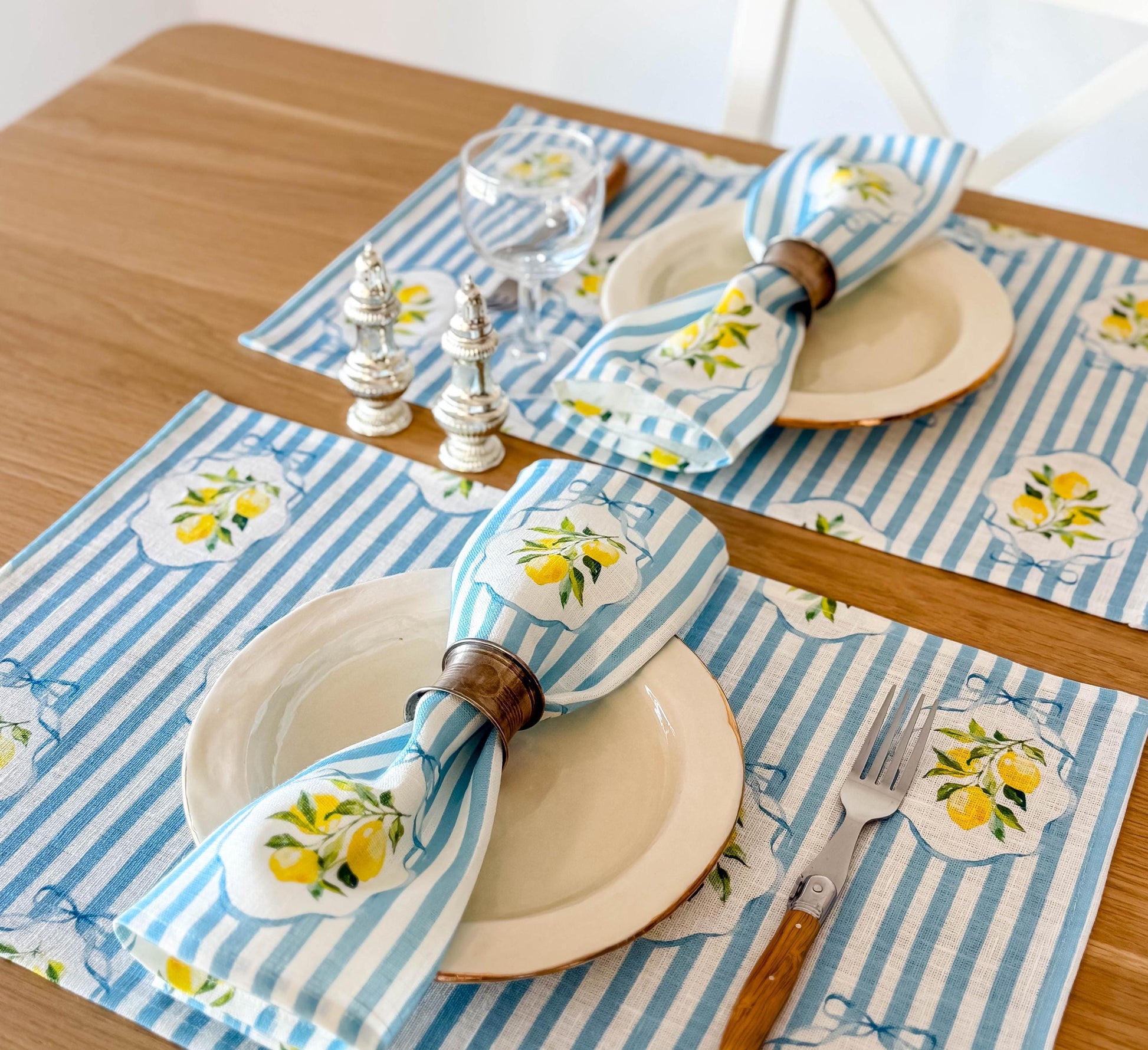 Placemats set, Summer lemons & Blue Stripes, linen placemats, 100% linen, vintage decor