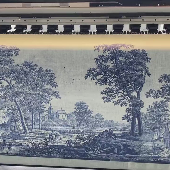 Linen tablecloth, Plaat, beschilderd met een rivierlandschap met kasteel, boerderij en enkele figuren, Frederik van Frytom, 100% linen